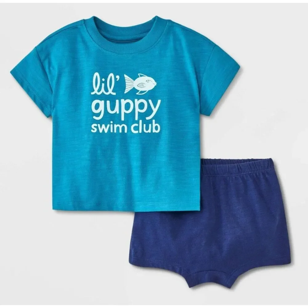 NEW Infant Boys Sz 0-3 Months Blue 'LIL GUPPY SWIM CLUB' Shirt & Shorts 2 Pc Set